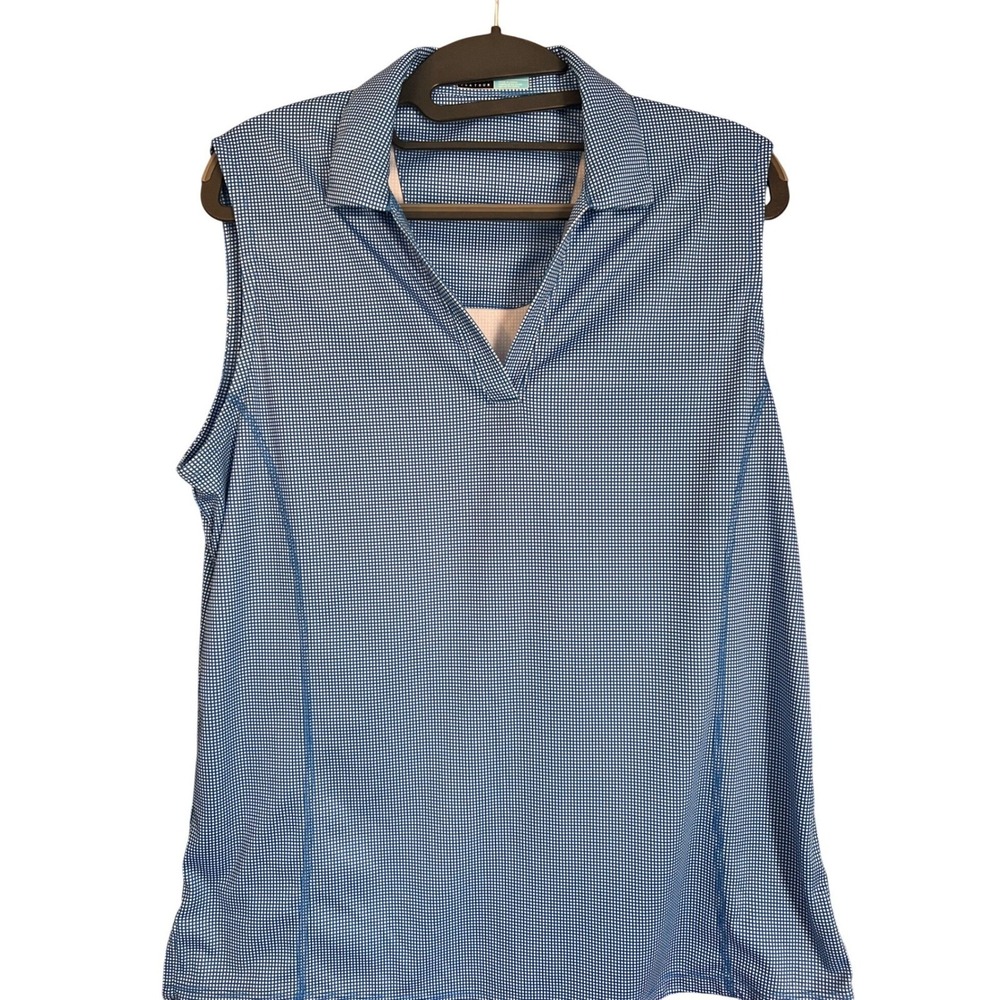 PGA TOUR Womens Sleeveless Golf Polo Shirt Blue Gingham Check XL TG EG, Preppy